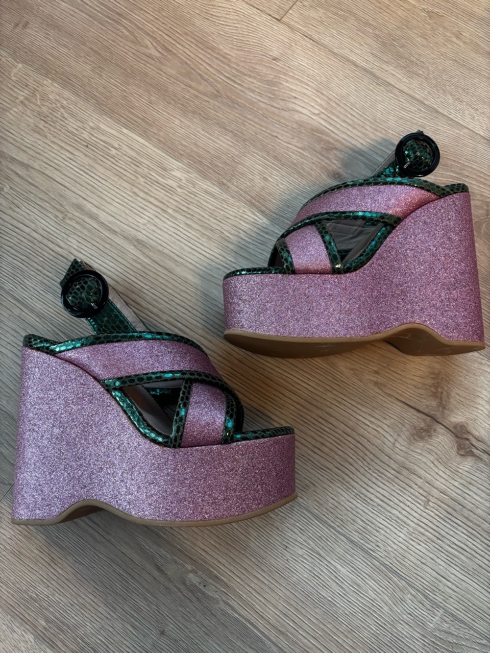 Undercover Pink Glitter Platform Wedge Sandals with Green Trim